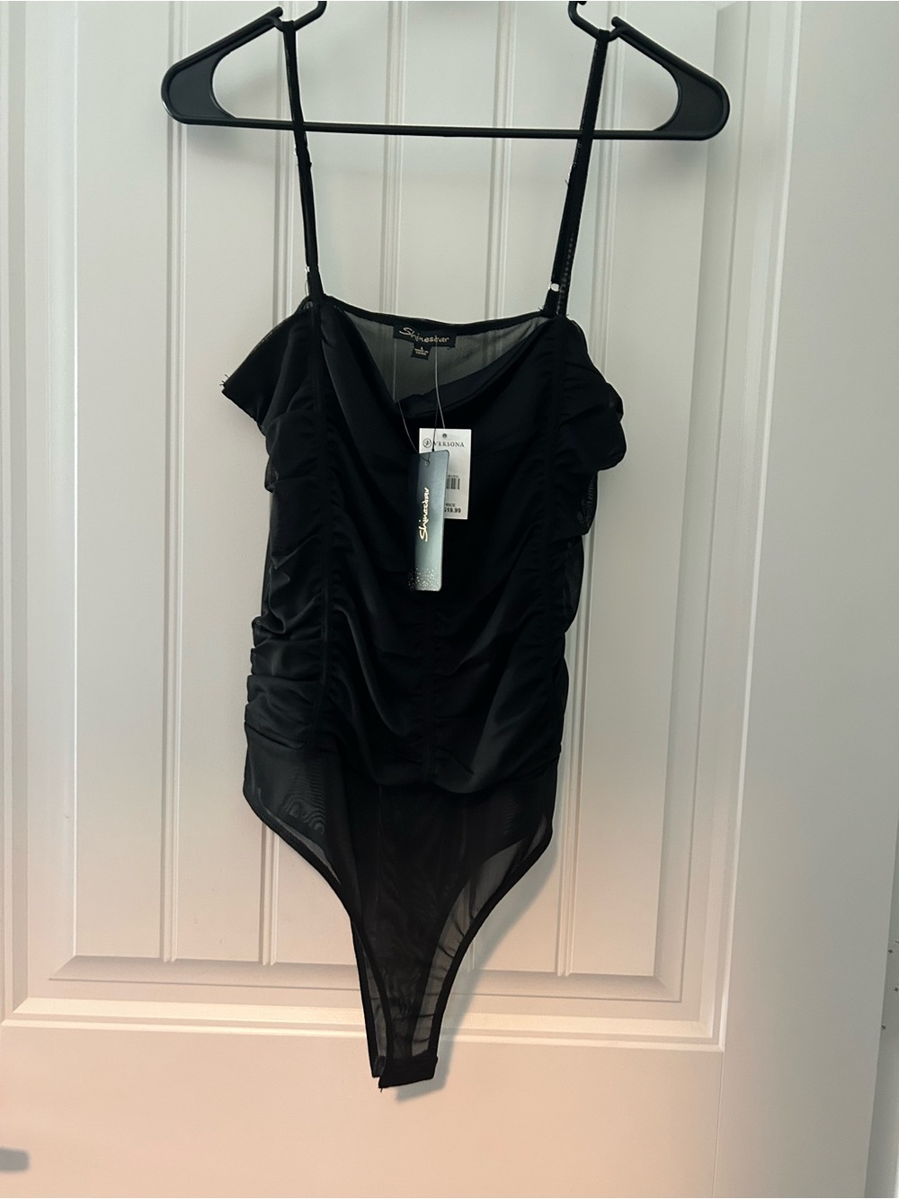 Black Mesh Bodysuit with Ruched Detail